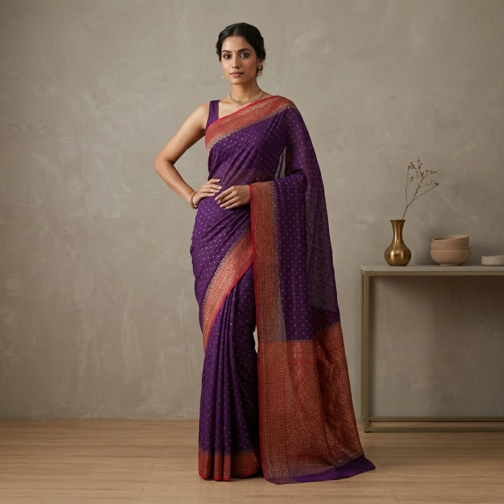 Purple-red border crepe chiffon banarasi saree