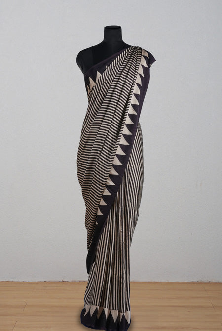 Beige-black modal ajrak print saree