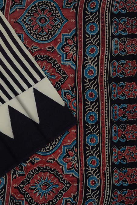 Beige-black modal ajrak print saree