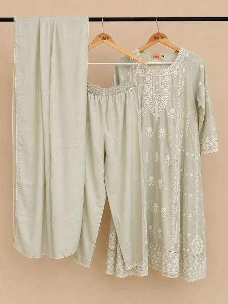 Mint cotton embroidery kurta set with duppata