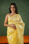 Yellow Organza full zaal embroidery saree