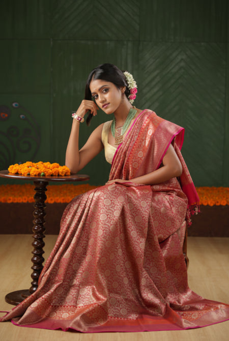 Orange-Pink banarasi brocade saree