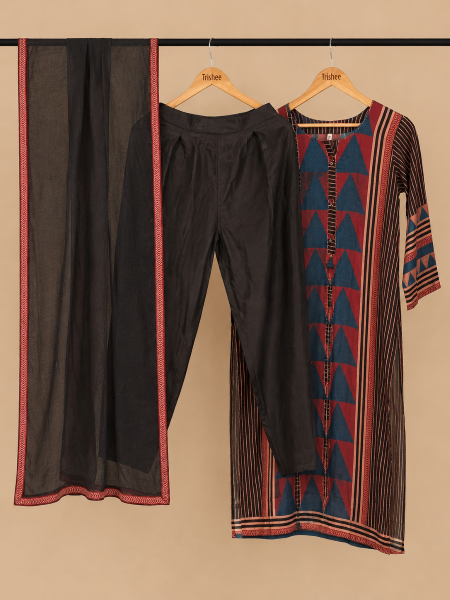Black based kurta set with red and blue design with duppata