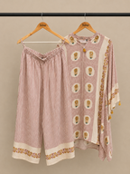 White and marron co-ord set with mustard flowers