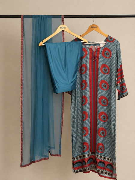 Indigo blue kurta set with rust accent