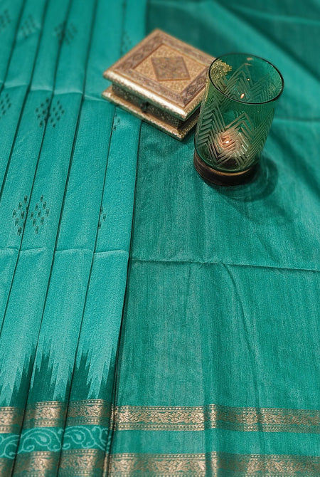 Temple border semi tusser sea green saree
