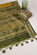 Temple border semi tusser Yellow and mehndi saree