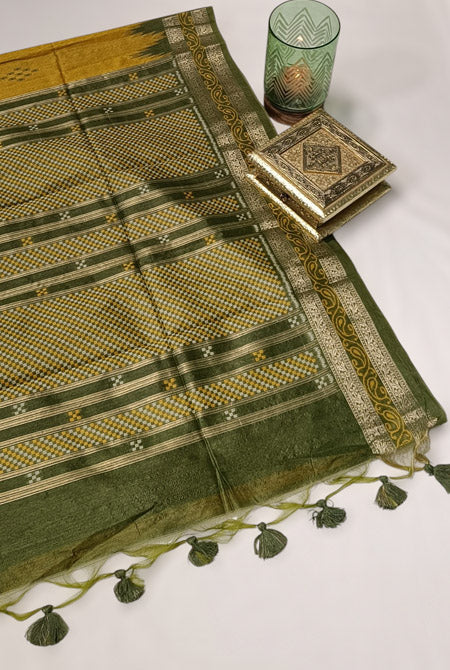 Temple border semi tusser Yellow and mehndi saree