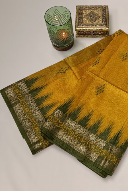Temple border semi tusser Yellow and mehndi saree