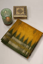Temple border semi tusser Yellow and mehndi saree
