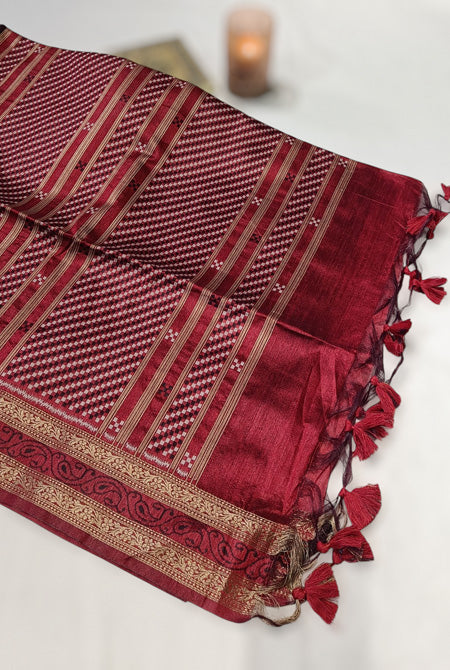 Temple border semi tusser Maroon & wine saree