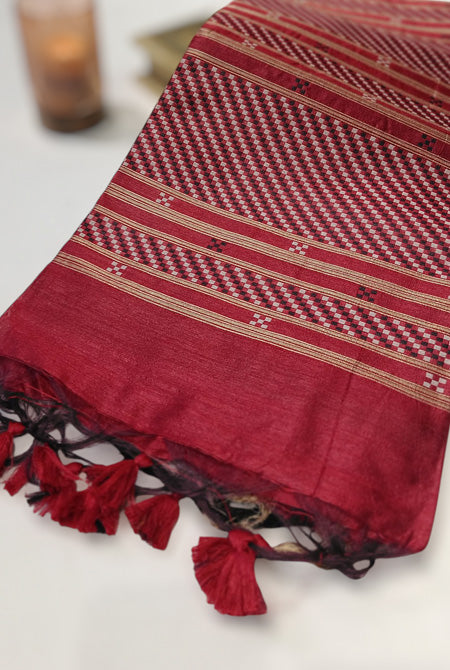 Temple border semi tusser Maroon & wine saree