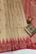 Temple border semi tusser Beige and red saree