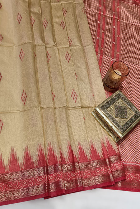 Temple border semi tusser Beige and red saree