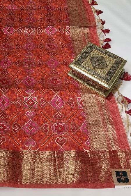 Temple border semi tusser Beige and red saree