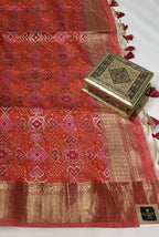 Temple border semi tusser Beige and red saree