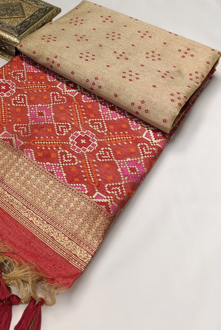 Temple border semi tusser Beige and red saree