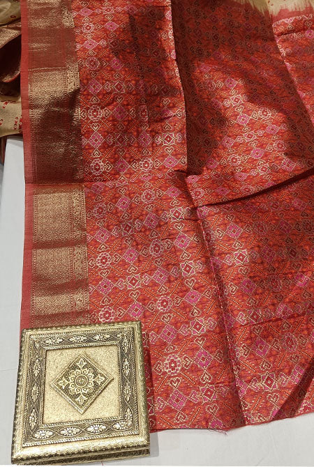 Temple border semi tusser Beige and red saree