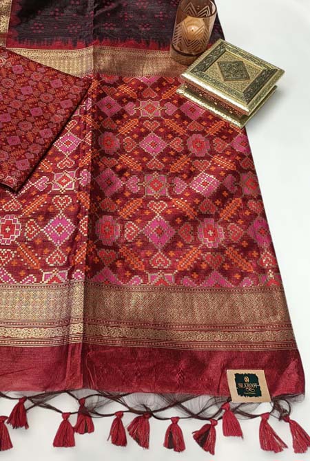 Brown and red patola palav semi tusser saree