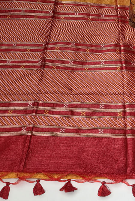 Temple border semi tusser Mustard & red saree