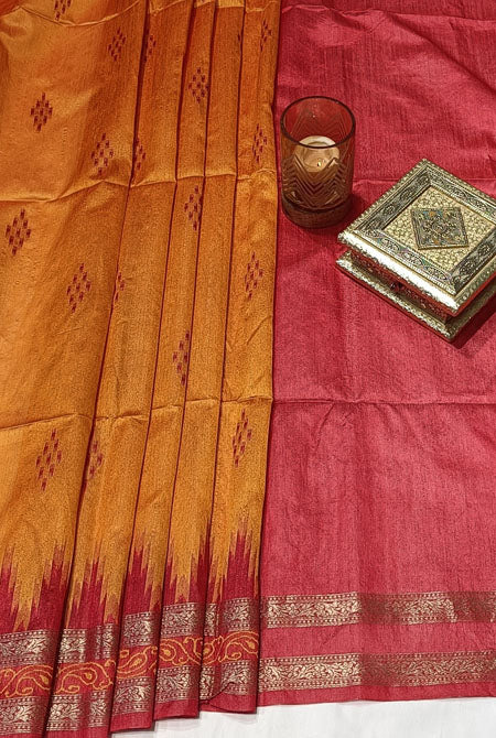 Temple border semi tusser Mustard & red saree