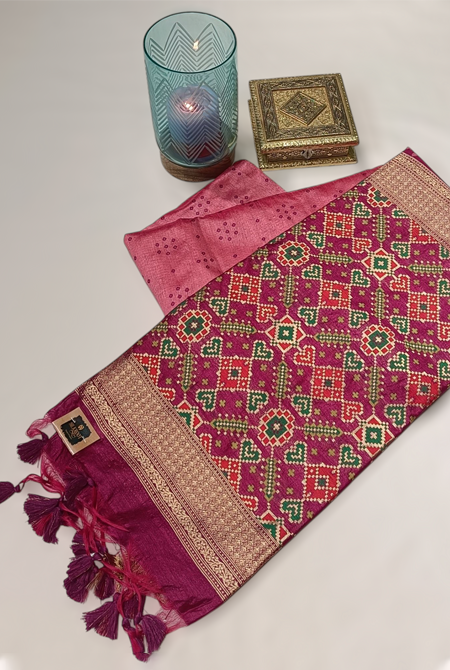 Pink and magenta patola palav semi tusser saree