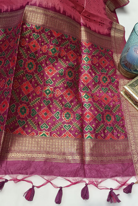 Pink and magenta patola palav semi tusser saree