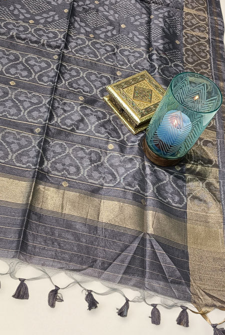 Charcoal grey patola semi tusser saree