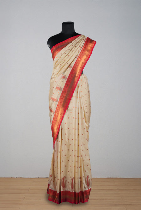 Ivory white & red soft silk Banarasi saree