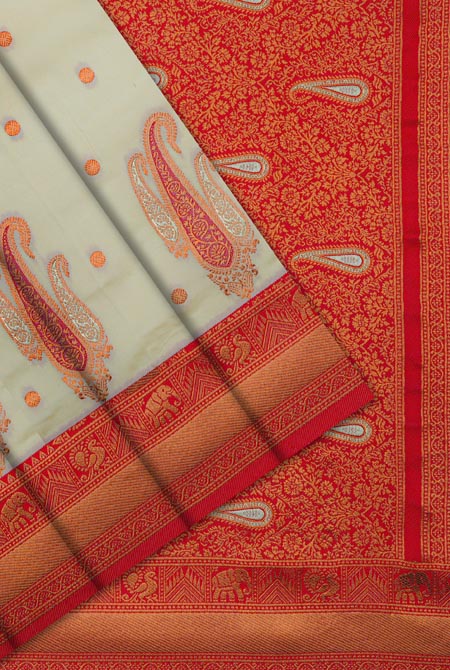 Ivory white & red soft silk Banarasi saree