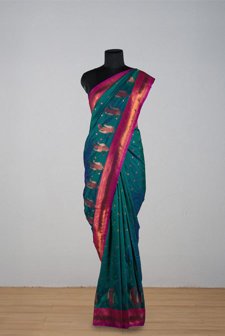 Teal green & pink soft silk banarasi saree