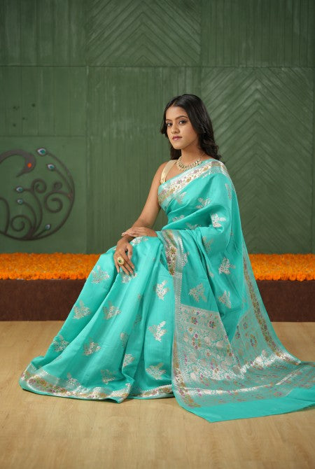 Sea green moonga silk banarasi saree