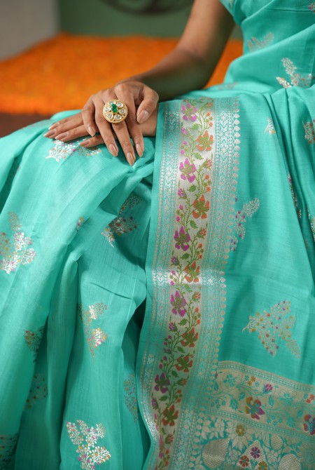 Sea green moonga silk banarasi saree