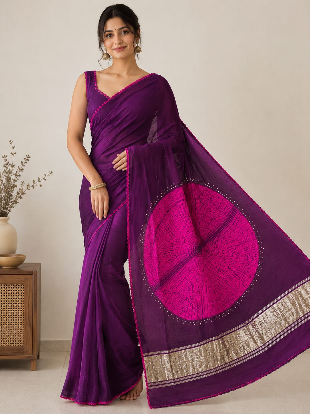 WINE RAANI MODAL SHIBORI SAREE WITH MIRROR WORK