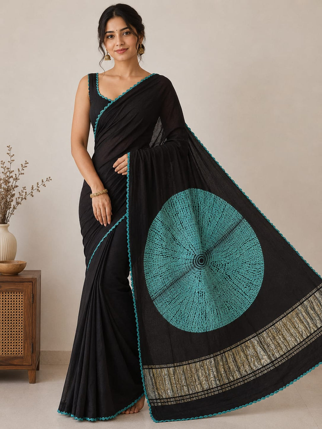 Black with turquoise modal shibori saree