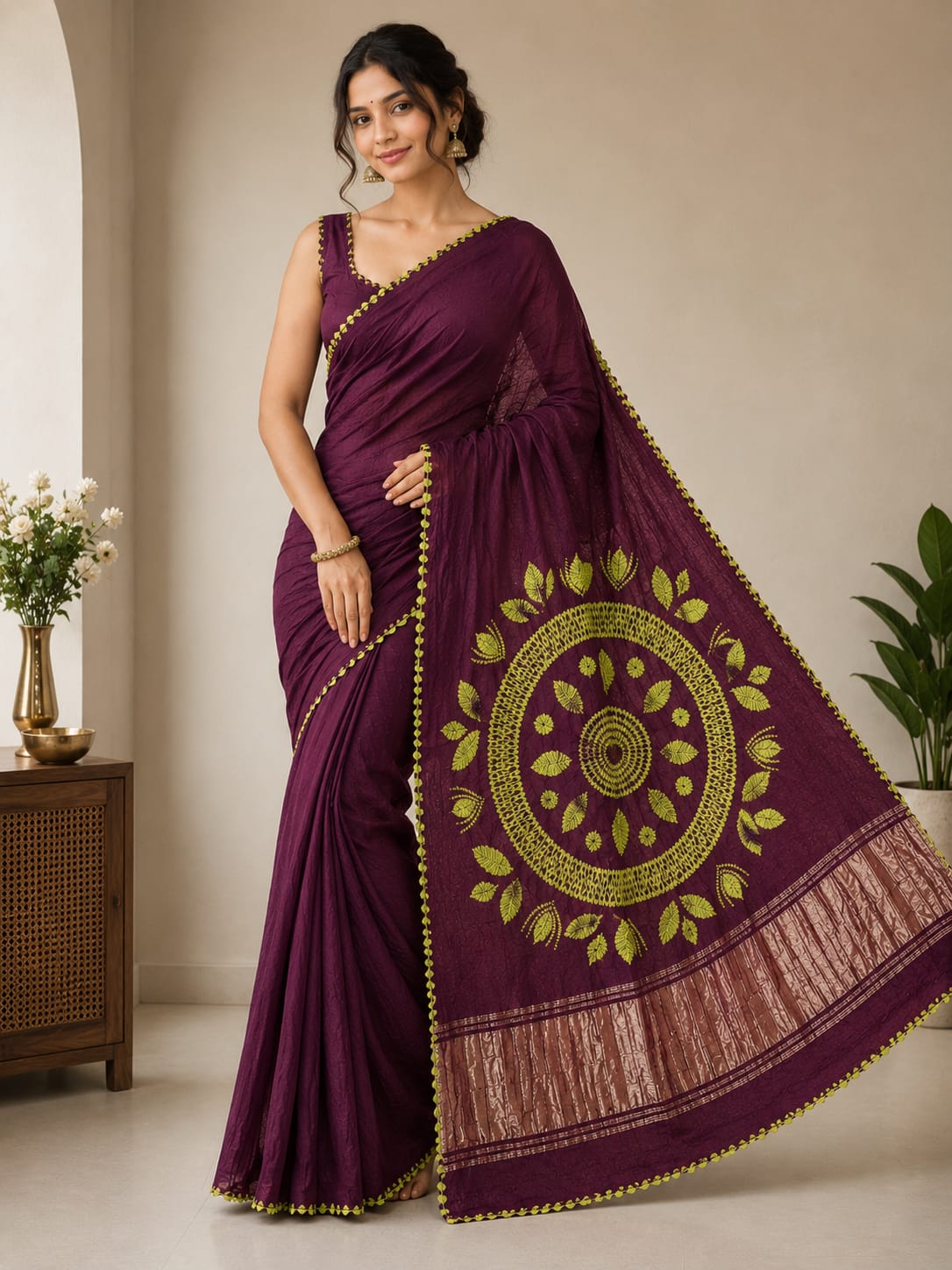 BROWN GREEN MODAL SHIBORI SAREE