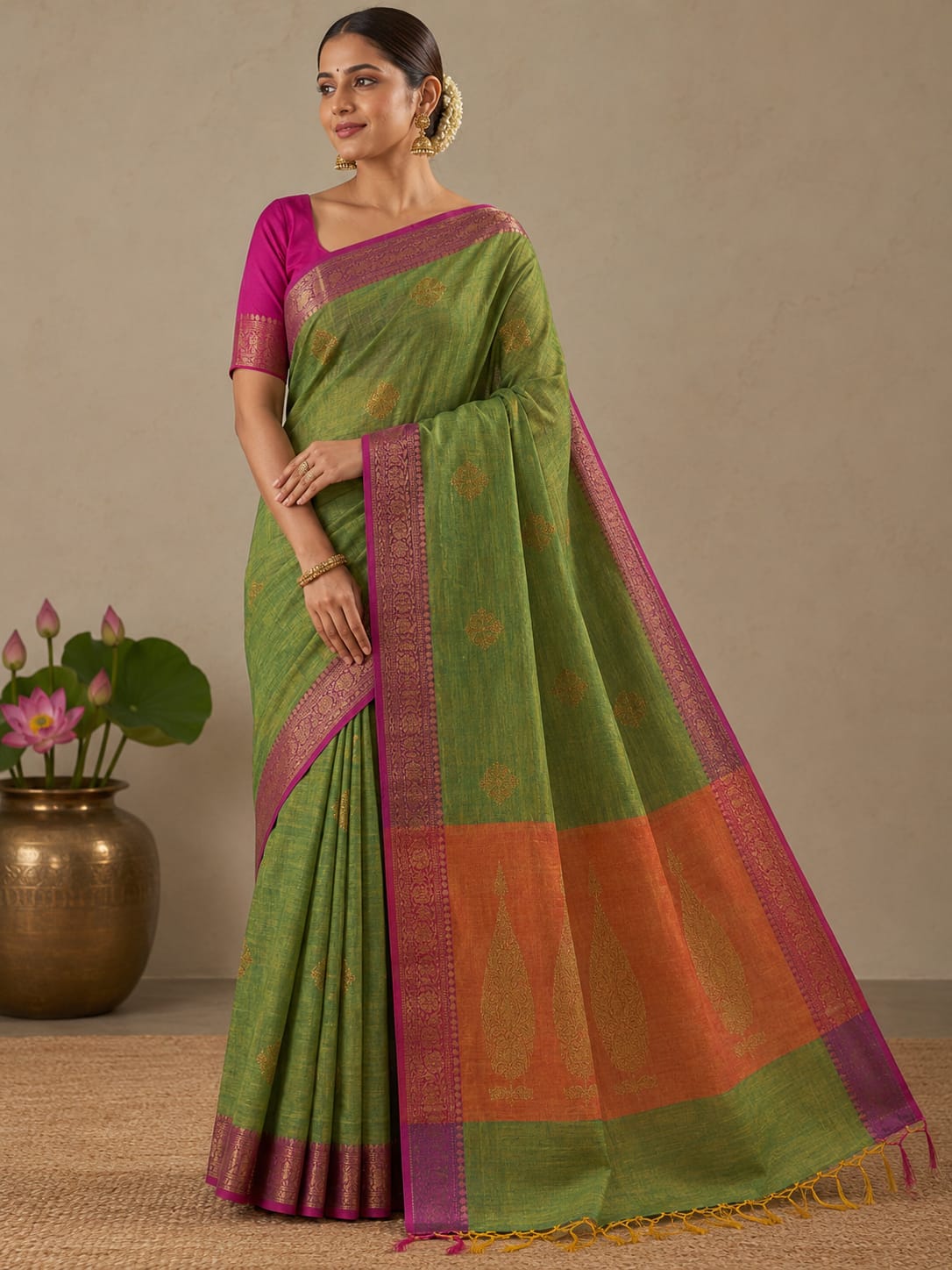 Green magenta jute cotton saree