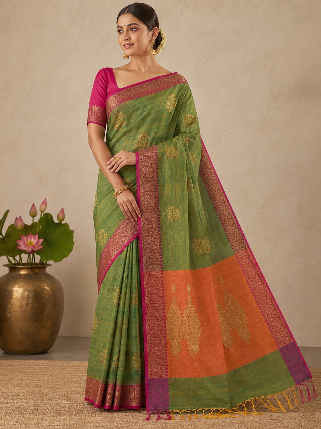 Green magenta jute cotton saree