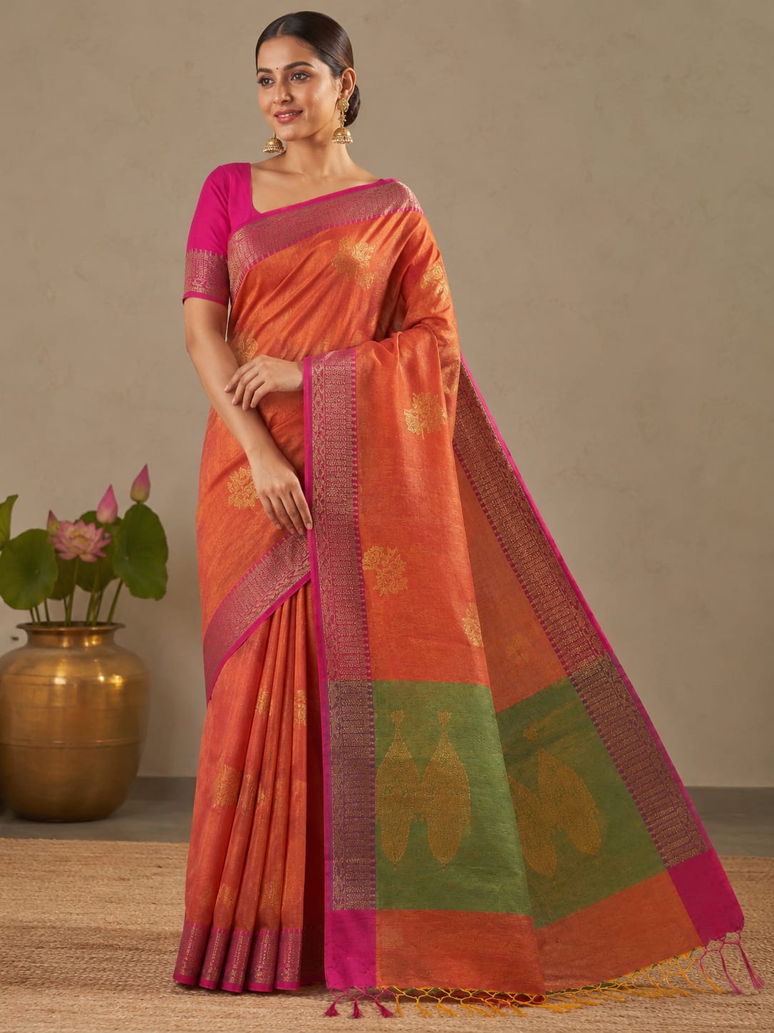 Orange raani jute cotton saree
