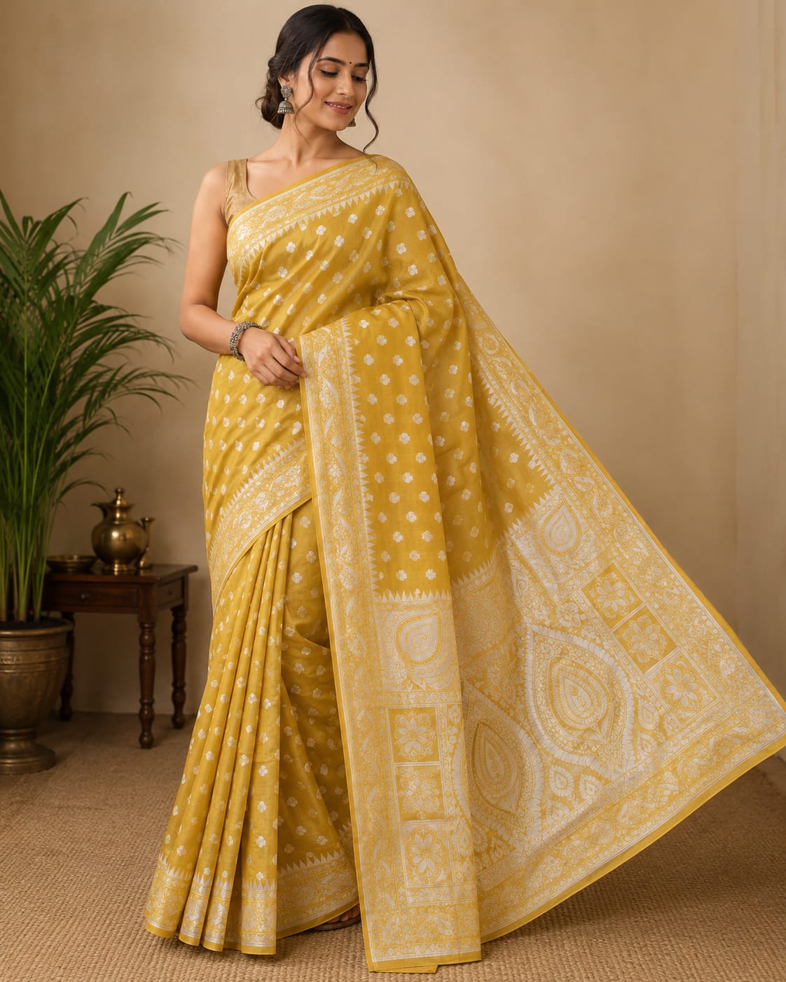 Yellow banarasi linen saree
