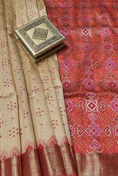 Cream and red patola palav semi tusser saree
