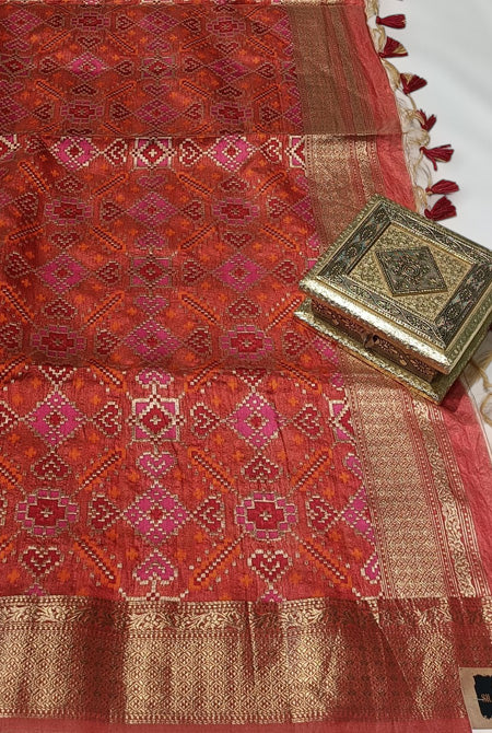 Cream and red patola palav semi tusser saree