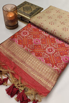 Cream and red patola palav semi tusser saree