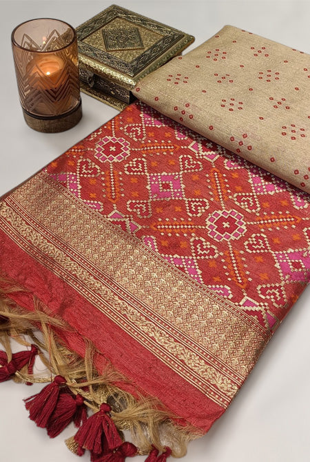 Cream and red patola palav semi tusser saree