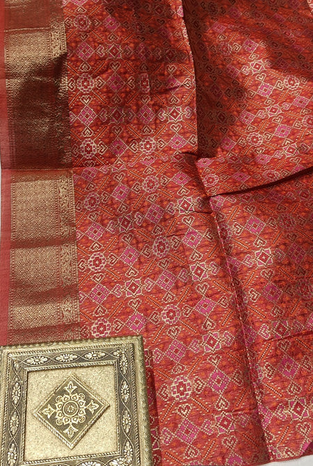 Cream and red patola palav semi tusser saree