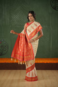 Ivory white & red soft silk Banarasi saree