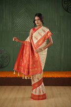 Ivory white & red soft silk Banarasi saree