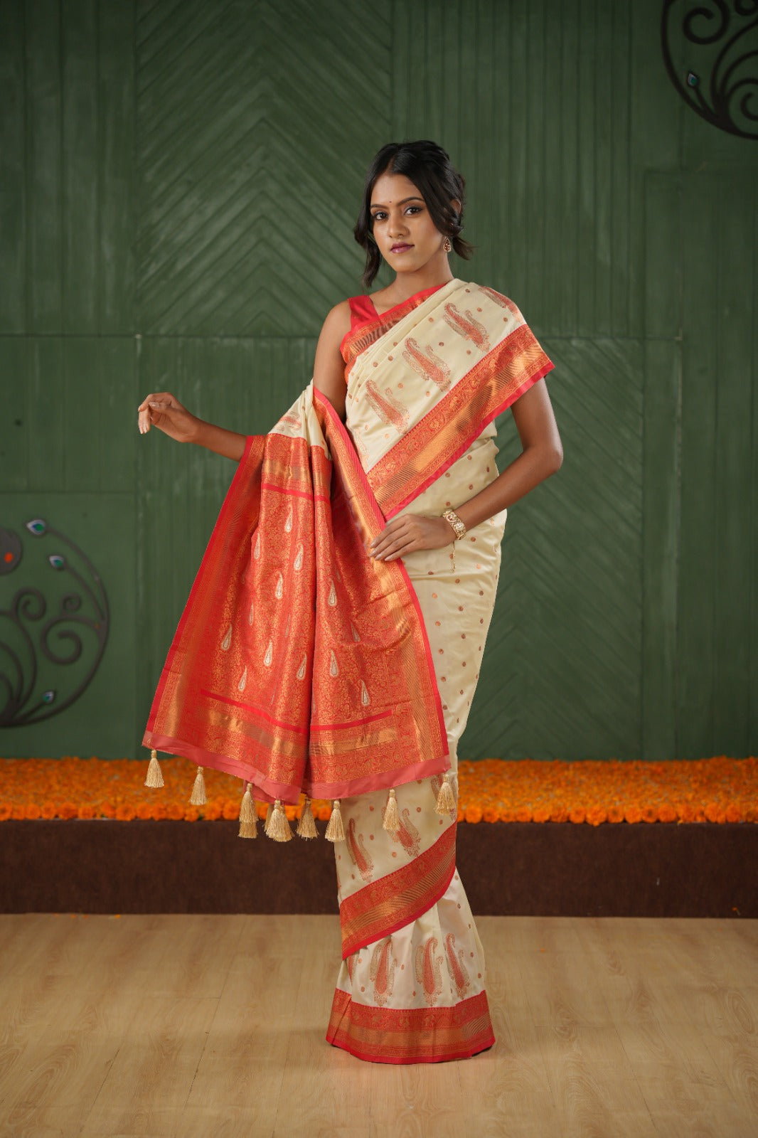 Ivory white & red soft silk Banarasi saree